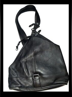 Vintage BLACK Leather Convertible Backpack Sling BAG Festival Travel BACKPACK